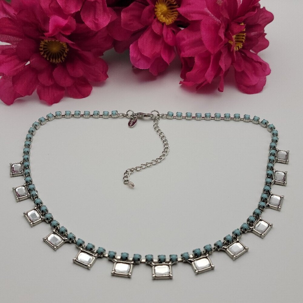Lia Sophia Silver Tone Blue Bead Clear Glass Fringe Necklace 21 Inch Adj. DAMSEL